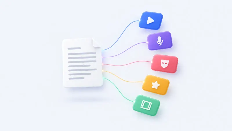 One script card connected to five format cards: UGC, podcast, drama, animation and brand film.